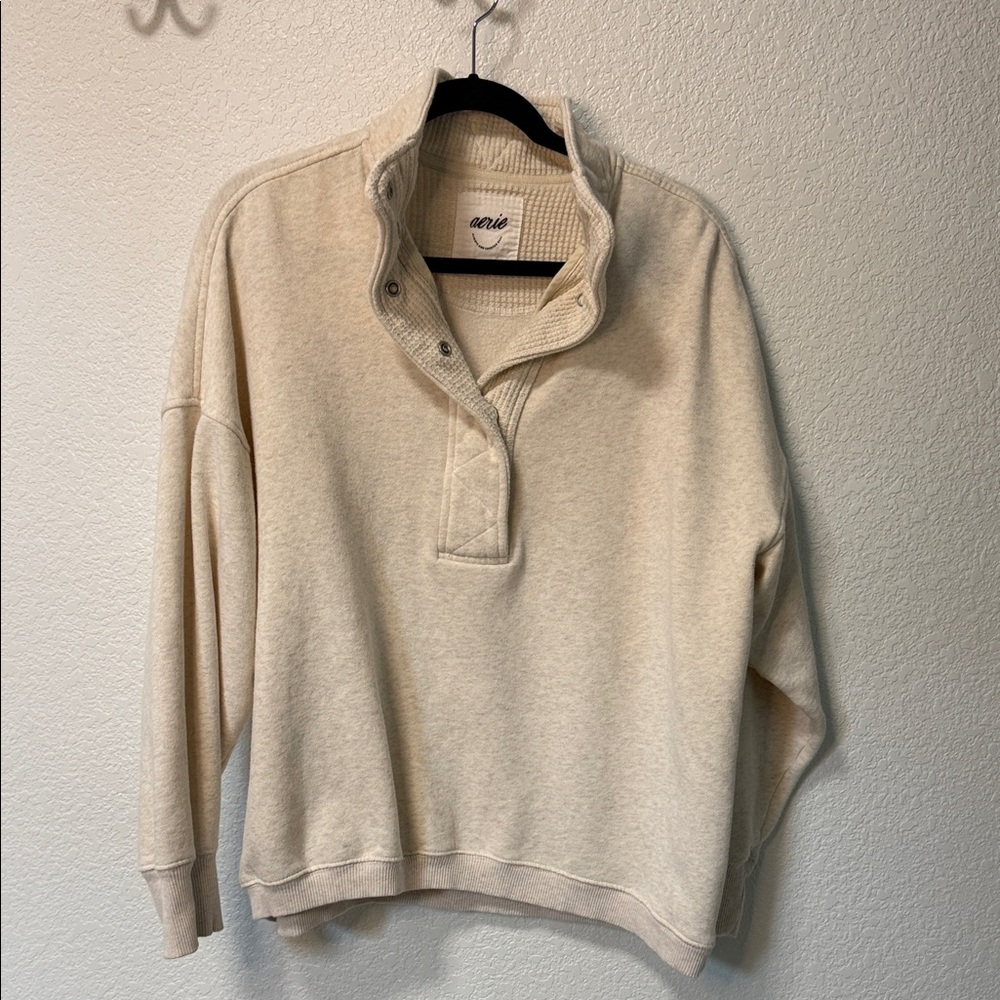 Aerie Beige Button-Up Sweatshirt